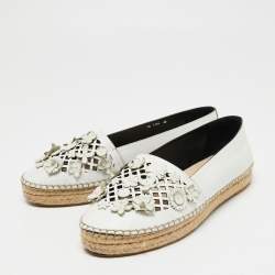 Dior White Laser Cut Leather Flower Applique Flore Flat Espadrilles Size 40