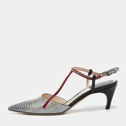 Pre Owned Dior Multicolor Lizard Embossed Leather Crystal Embellished T-Bar Pointed Toe Pumps Size 38