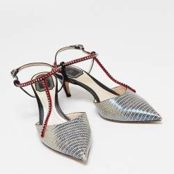 Pre Owned Dior Multicolor Lizard Embossed Leather Crystal Embellished T-Bar Pointed Toe Pumps Size 38