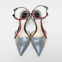 Pre Owned Dior Multicolor Lizard Embossed Leather Crystal Embellished T-Bar Pointed Toe Pumps Size 38