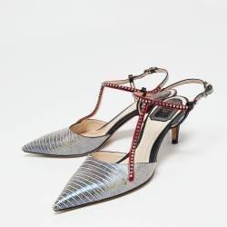 Pre Owned Dior Multicolor Lizard Embossed Leather Crystal Embellished T-Bar Pointed Toe Pumps Size 38