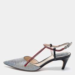 Pre Owned Dior Tri-Color Lizard Embossed Leather Strass T-Strap Pointed Toe Pumps Size 37