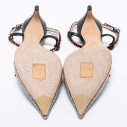 Pre Owned Dior Tri-Color Lizard Embossed Leather Strass T-Strap Pointed Toe Pumps Size 37