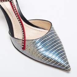 Pre Owned Dior Tri-Color Lizard Embossed Leather Strass T-Strap Pointed Toe Pumps Size 37