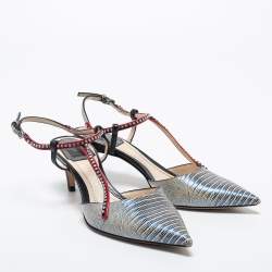 Pre Owned Dior Tri-Color Lizard Embossed Leather Strass T-Strap Pointed Toe Pumps Size 37