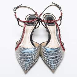 Pre Owned Dior Tri-Color Lizard Embossed Leather Strass T-Strap Pointed Toe Pumps Size 37