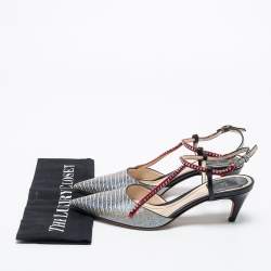 Pre Owned Dior Tri-Color Lizard Embossed Leather Strass T-Strap Pointed Toe Pumps Size 37