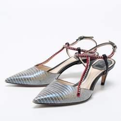 Pre Owned Dior Tri-Color Lizard Embossed Leather Strass T-Strap Pointed Toe Pumps Size 37
