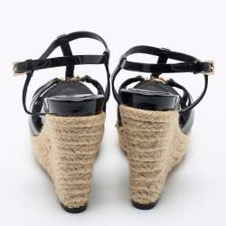 Pre Owned Dior Black Patent Leather T-Strap Espadrille Wedge Sandals Size 36