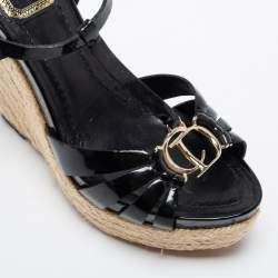 Pre Owned Dior Black Patent Leather T-Strap Espadrille Wedge Sandals Size 36