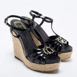 Pre Owned Dior Black Patent Leather T-Strap Espadrille Wedge Sandals Size 36