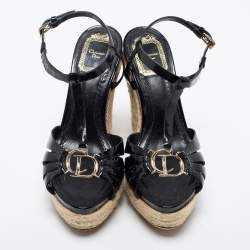Pre Owned Dior Black Patent Leather T-Strap Espadrille Wedge Sandals Size 36