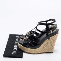 Pre Owned Dior Black Patent Leather T-Strap Espadrille Wedge Sandals Size 36