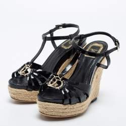 Pre Owned Dior Black Patent Leather T-Strap Espadrille Wedge Sandals Size 36