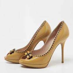 Christian Dior Brown Patent Leather Bow Peep Toe Pumps Size 38.5