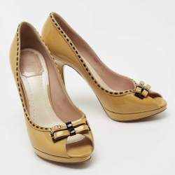Christian Dior Brown Patent Leather Bow Peep Toe Pumps Size 38.5