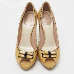 Christian Dior Brown Patent Leather Bow Peep Toe Pumps Size 38.5