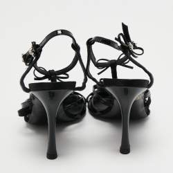 Pre Owned Dior Black Satin Open Toe  Strappy Bow Ankle Strap Sandals Size 37