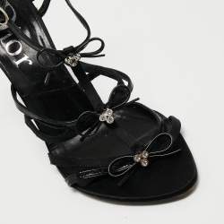 Pre Owned Dior Black Satin Open Toe  Strappy Bow Ankle Strap Sandals Size 37