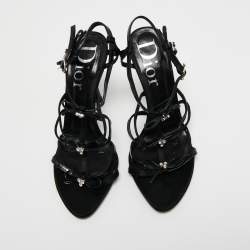 Pre Owned Dior Black Satin Open Toe  Strappy Bow Ankle Strap Sandals Size 37