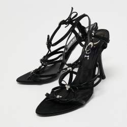 Pre Owned Dior Black Satin Open Toe  Strappy Bow Ankle Strap Sandals Size 37