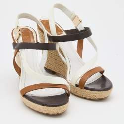 Dior Tricolor Leather Wedge Espadrille Ankle Strap Sandals Size 40