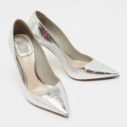 Pre Owned Dior Silver Crackled Leather Pointed Toe  Pumps Size 35.5