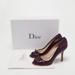 Pre Owned Dior Purple Cannage Leather Bow Peep Toe Pumps Size 37.5