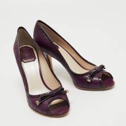 Pre Owned Dior Purple Cannage Leather Bow Peep Toe Pumps Size 37.5