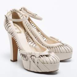 Pre Owned Dior Off White Leather Cutout Platform Ankle Strap Pumps Size 37