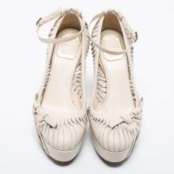 Pre Owned Dior Off White Leather Cutout Platform Ankle Strap Pumps Size 37