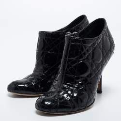 Pre Owned Dior Black Patent Leather Cannage Quilted Ankle Boots Size 36