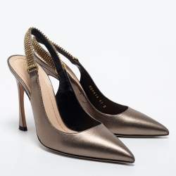Pre Owned Dior Metallic Bronze Leather Crystal Embellished Slingback Pumps Size 37