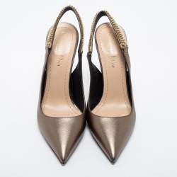Pre Owned Dior Metallic Bronze Leather Crystal Embellished Slingback Pumps Size 37