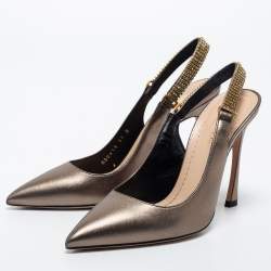 Pre Owned Dior Metallic Bronze Leather Crystal Embellished Slingback Pumps Size 37