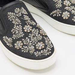 Dior Black Denim And Leather Happy Crystal Embellished Slip On Sneakers Size 39