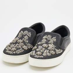 Dior Black Denim And Leather Happy Crystal Embellished Slip On Sneakers Size 39