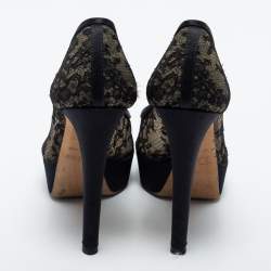 Pre Owned Dior Black Lace And Suede Dior Lingerie Peep Toe Platform Pumps Size 36