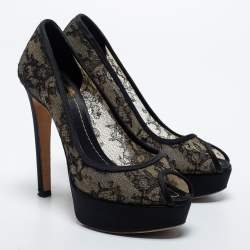 Pre Owned Dior Black Lace And Suede Dior Lingerie Peep Toe Platform Pumps Size 36