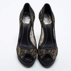 Pre Owned Dior Black Lace And Suede Dior Lingerie Peep Toe Platform Pumps Size 36