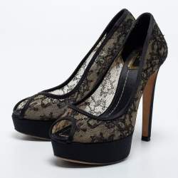 Pre Owned Dior Black Lace And Suede Dior Lingerie Peep Toe Platform Pumps Size 36