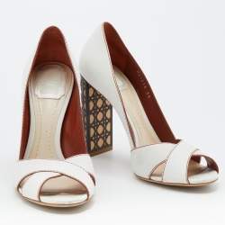 Dior White Leather Criss Cross Cannage Woodden Heel Open Toe Pumps Size 39