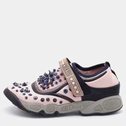 Pre Owned Dior Pink/Black Fabric and Mesh Neoprene Fusion Embellished Low Top Sneakers Size 38.5