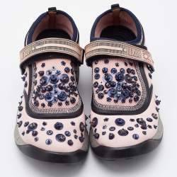 Pre Owned Dior Pink/Black Fabric and Mesh Neoprene Fusion Embellished Low Top Sneakers Size 38.5