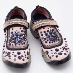 Pre Owned Dior Pink/Black Fabric and Mesh Neoprene Fusion Embellished Low Top Sneakers Size 38.5