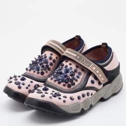 Pre Owned Dior Pink/Black Fabric and Mesh Neoprene Fusion Embellished Low Top Sneakers Size 38.5