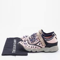 Pre Owned Dior Pink/Black Fabric and Mesh Neoprene Fusion Embellished Low Top Sneakers Size 38.5