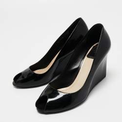 Christian Dior Black Patent Peep Toe Wedge Pumps  Size 39