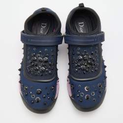 Pre Owned Dior Navy Blue/Black Fabric And Mesh Fusion Embellished Low Top Sneakers Size 39
