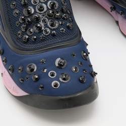 Pre Owned Dior Navy Blue/Black Fabric And Mesh Fusion Embellished Low Top Sneakers Size 39